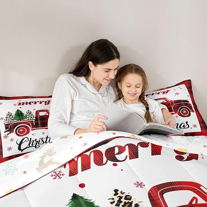 Manfei Red Truck Comforter Set Queen Size, Xmas Tree Snowflake Bedding Set 3pcs for Kids Boys Girls Bedroom Decor, Christmas Theme Red Plaid Quilt Set New Year Duvet Insert with 2 Pillowcases