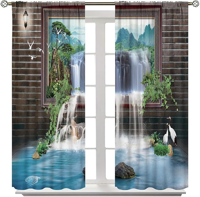 Waterfall Blackout Window Curtains, Tropical Rainforest Jungle Plants Forest Wild Nature Landscape Window Drapes, for Living Room Bedroom 72x63in 2 Panels