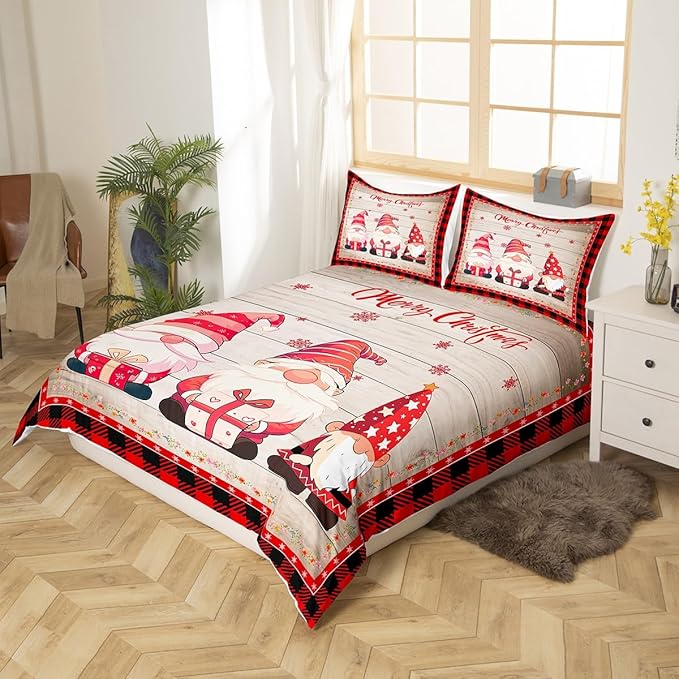 Christmas Gnomes Duvet Cover Set King Size, Rustic Wooden and Red Plaid Xmas Comforter Cover with 2 Pillowcases, New Year Theme Bedding Set for Kids Boy Girls Lightweight Bedspread Cover,No Comforter