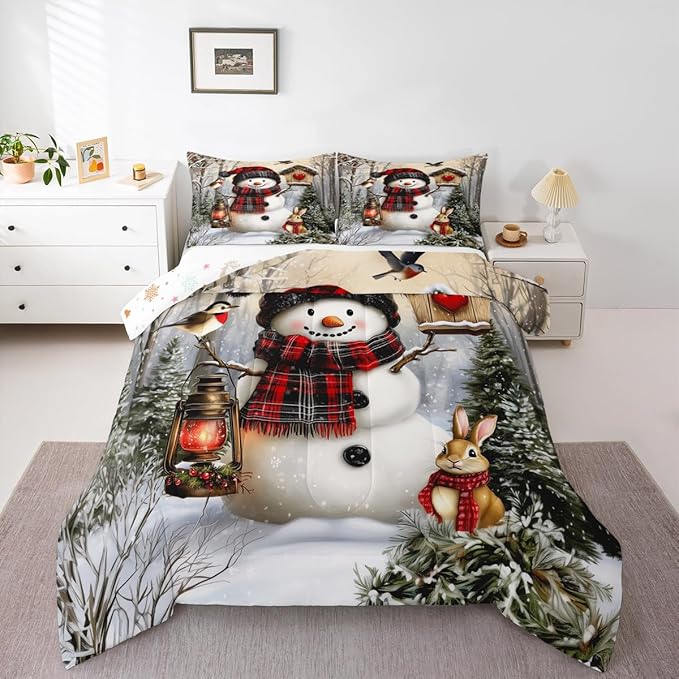 Kawaii Snowman Kids Bedding Set King Size,Rabbit Bird Winter Poinsettia Comforter Set,Pine Tree Xmas Animal Snowflake Quilt Comforter,Gray Green Bedroom Duvet Insert,2 Pillowcases