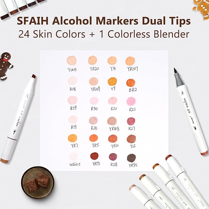 SFAIH Skin Tone Alcohol Markers Brush & Chisel - 25 Portrait Color Permanent Markers for Adults/Teen/Artists/Creators, Blendable Art Markers for Coloring Sketch & Drawing & Illustration-Refillable Ink