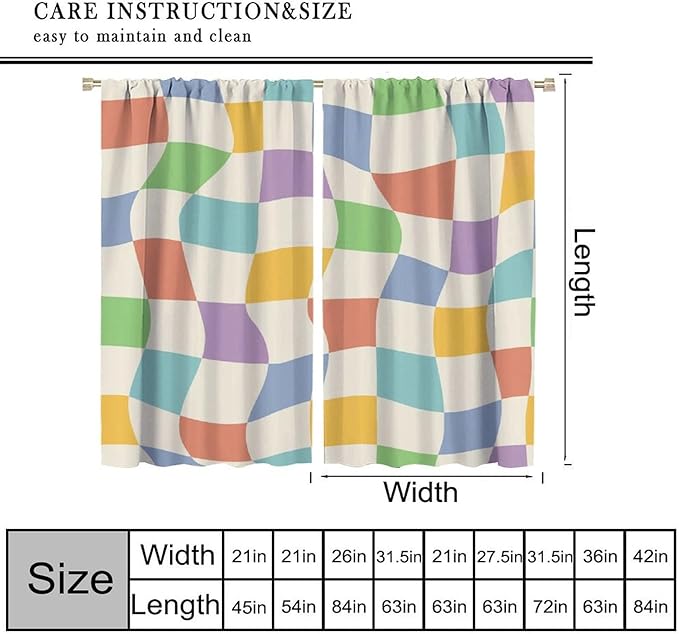Checkered Curtains,70s Vintage Twisted Checkered Window Drapes Colorful Groovy Trendy Wavy Hippie Grid Print Window Treatments for Kids Girls Bedroom Living Room Bathroom 52" W X 84" L