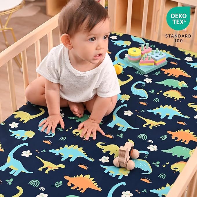 PHF Soft Crib Sheet Fitted, 2 Pack Baby Sheets for Boys Girls, 28x52x9in Fits Standard Crib and Toddler Mattresses, Silky Comfy Breathable Polyester Baby Mattress Sheets, Dinosaur