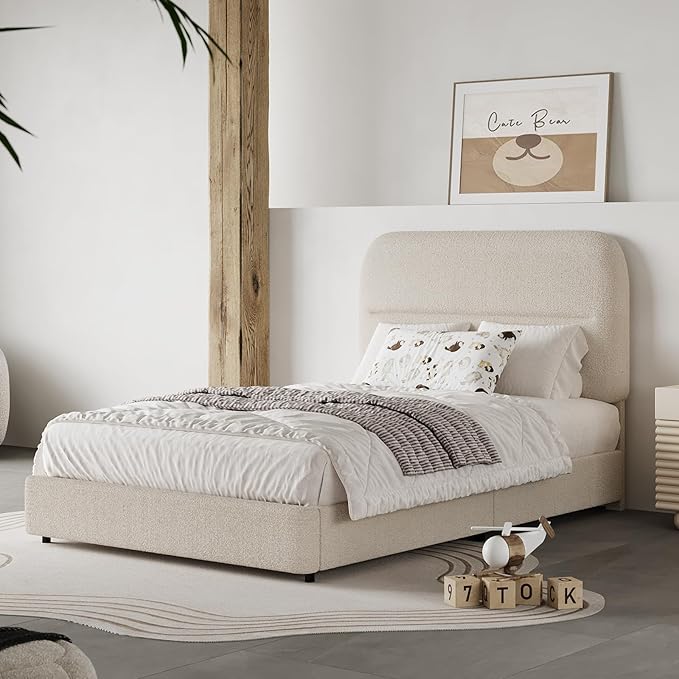 HOMBCK Twin Bed Frames with Headboard, Twin Size Boucle Upholstered Bed Frame for Kids, Soft Rounded Corners, Wooden Slats Support, No Box Spring Required, Easy Assembly, Cream