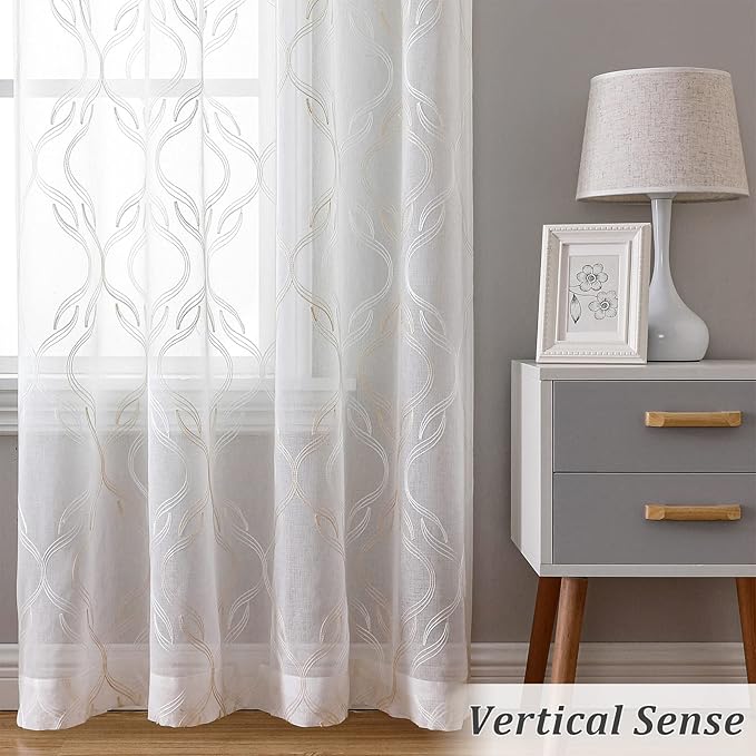 VISIONTEX Sheer Curtains 84 Inches Long 2 Panels Set, Beige and Ivory Two Tone Textured Moroccan Embroidery Geometric Rod Pocket Ivory Voile Tulle Semi Window Treatment Pair for Bedroom, W54 x L84
