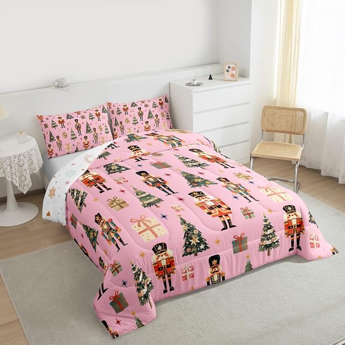 jejeloiu Xmas Nutcracker Comforter Set King Size Christmas Pink Bedding Set for Kids Boys Girls Cute Snowflakes Duvet Quilt Bedroom Decor