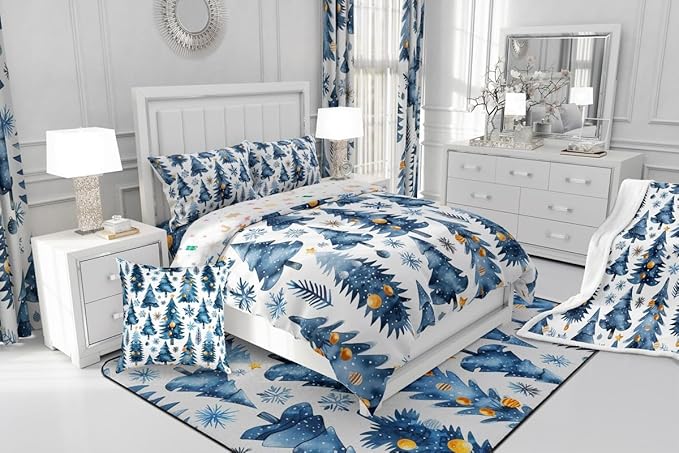 Feelyou Christmas Kids Comforter Set Twin Size Xmas Tree Bedding Set Snowflake Duvet Quilt for Kids Boys Girls Bedroom Watercolor Blue Decor Microfiber Ultra Soft Breathable