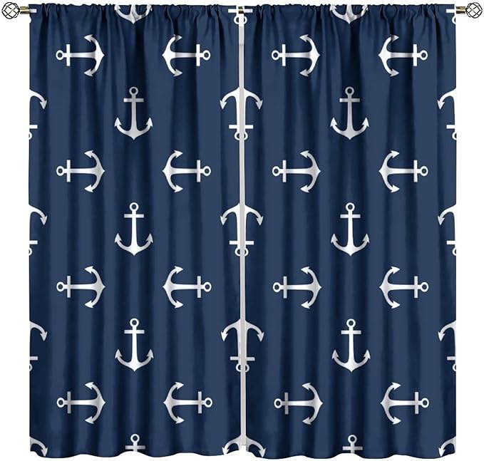 Nautical Curtains,MarineThemed Oceanic Anchor Pattern Blackout Print Home Bedroom Living Room Window Treatments 2 Panel Set 84x84 Inch