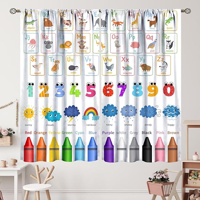 Kids Alphabet Curtains Cartoon Animal Funny Learning Colorful Educational Nursery Curtain with Rod Pocket for Bedroom Classroom Decor Drapes Window Treatments 2 Panels Set 63" W X 72" L