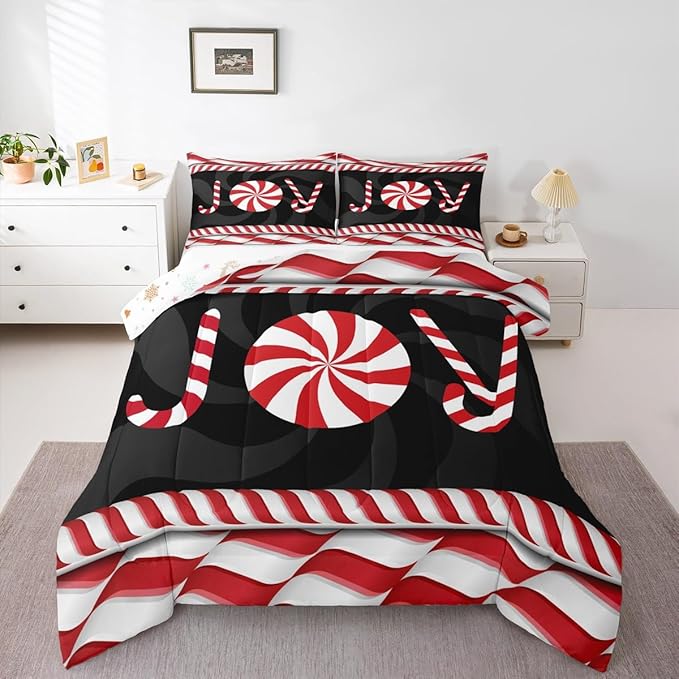 Kids Merry Christmas Comforter Set Twin Size,Holiday Joy Sweet Candies Bedding,Girls Boys Adults Bedroom/Xmas Cabin Decor,Wave Geometric Retro Down Comforter,Red Black Duvet Insert,1 Pillowcase
