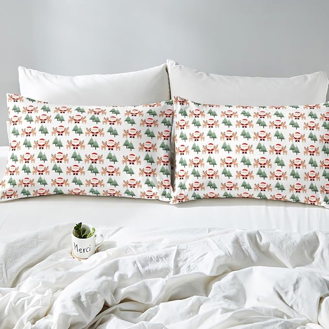 Christmas Duvet Cover Cartoon Santa Claus Bedding Set for Kids Boys Girls Teens Room Decor Cute Deer Christmas Tree Comforter Cover Set Xmas Theme Bedspread Cover 2Pcs Zipper Toddler Size