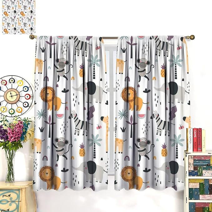 Cute Cartoon Animals Curtains Tropical Jungle Animals Elephant Giraffe Monkey Lion Modern Abstract Aesthetics for Kids Boys Bedroom Nursery Rod Pocket Decoration Window Drapes 2 Panels W21xL54in