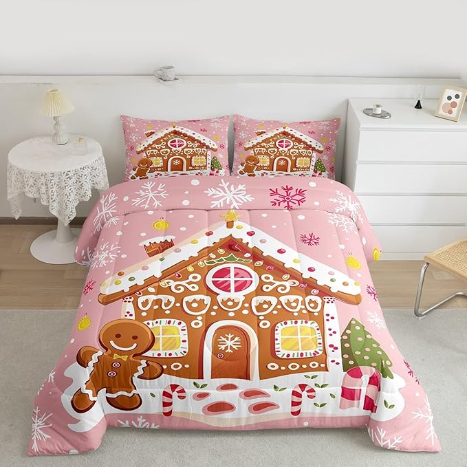 Feelyou Christmas Gingerbread Bedding Set Soft for Boys Girls,Gingerbread House Comforter Set Toddler Winter Holiday Decor Duvet Quilt Cute Snowflake Room Decor Pink Decor 2 Pcs with 1 Pillow Cases
