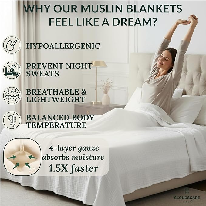 Cloud Scape Linen Oversized 4 Layer Muslin Blanket Queen Size - 100% Cotton, Lightweight & Breathable All Season Gauze, Pre-Washed, fits Full Bed, 92x92, White