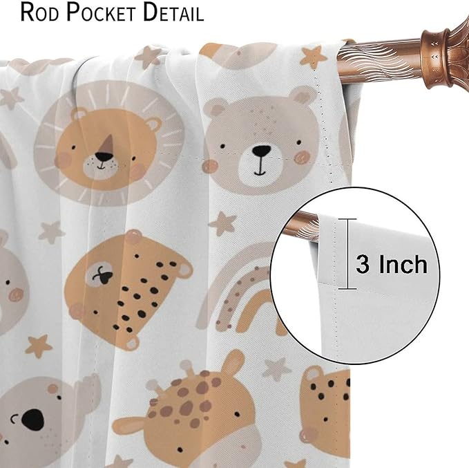 Cartoon Boho Animal Curtains,Funny Forest Safari Print,Cute African Wildlife Koala Giraffe Lion Leopard Bear Rainbow Blackout Window Drapes for Boys Girls Kids Baby Child Bedroom 63x72in