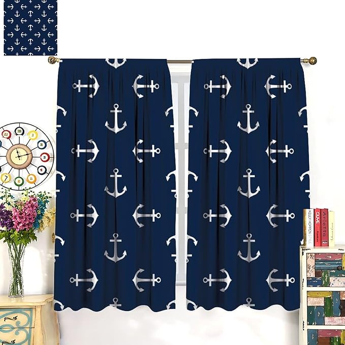Nautical Curtains,MarineThemed Oceanic Anchor Pattern Blackout Print Home Bedroom Living Room Window Treatments 2 Panel Set 55x63 Inch
