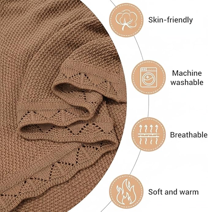 Baby Knit Blanket Soft Breathable Cotton Scallop Border Blankets Newborn Knitted Blanket Swaddle Blankets Gifts for Baby Newborn Toddler Shower Boy Girl New Mom Birthday Christmas Mocha 30x30