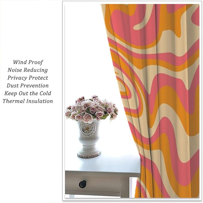 Abstract Wavy Swirl Curtains,60s 70s Groovy Aesthetic Retro Boho Orange Pink Abstract Curtains for Girls Bedroom Living Room Window 63"" W X 63"" L, Style-2