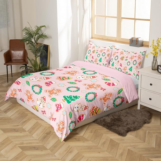 Feelyou Christmas Comforter Cover Cartoon Snowman Christmas Tree Bedding Set Gingerbread Man Xmas Theme Duvet Cover for Kids Boys Girls Microfiber Pink Bedspread Cover Room Decor Bedclothes King Size