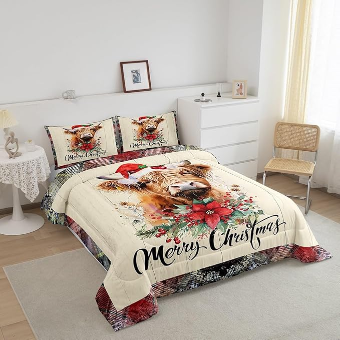 Castle Fairy Highland Cattle Comforter Set King Size,Merry Christmas Flowers Pine Trees Bedding Set All Season Quilt Set,Rustic Farmhouse Wooden Grid Plaid Microfiber Polyester Down Comforter