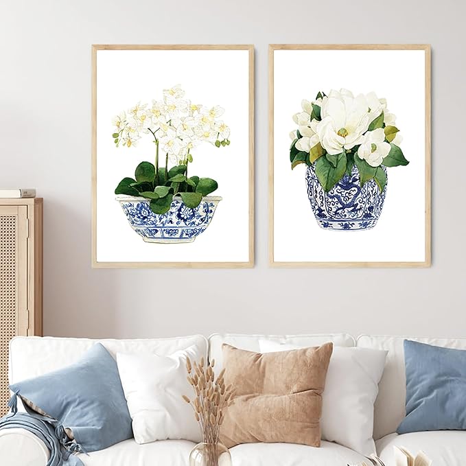 White Orchid & Magnolia Watercolor Flowers Botanical Plant Art Print Blue And White Chinoiserie Wall Art Oriental Vase Blue White Willow Style Porcelain Flower Jar Poster for Living Room Decor