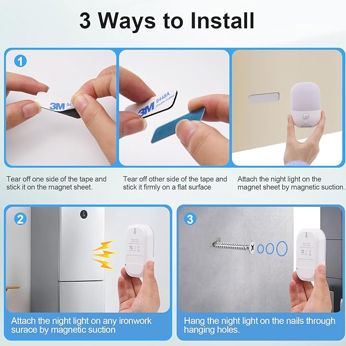 Night Light with Auto Motion Sensor, Rechargeable Battery, Type-C LED Stick-On Stair Lights with Twilight Sensor, Adjustable Brightness, Warm White for Wall, Hallway, Stairs, Cabinet (2 Pack)