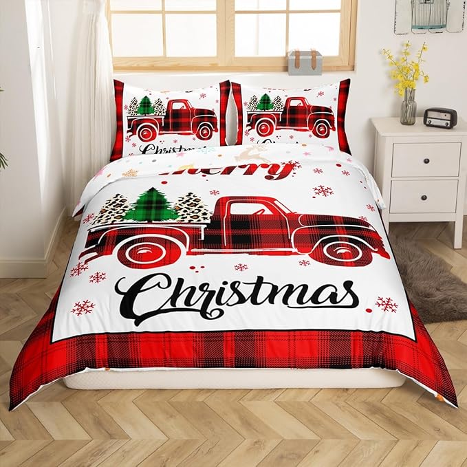 Xmas Truck Duvet Cover Set Full Size, Christmas Tree Snowflake Print Bedding Set 3pcs for Kids Boys Girls Bedroom Decor, New Year Theme Red Plaid Print Comforter Cover with 2 Pillowcases,No Comforter
