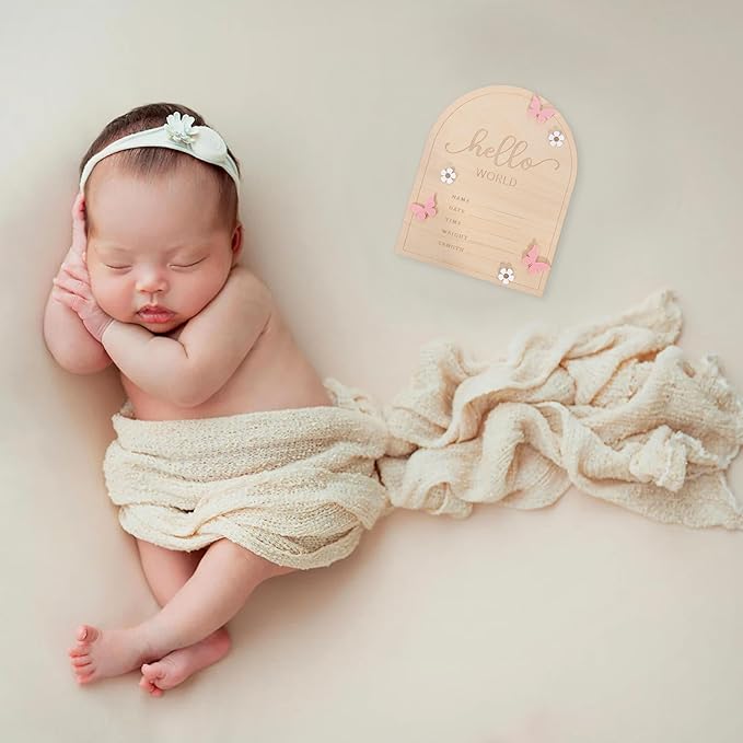 Hello World Newborn Sign - Baby Announcement Sign for Baby Showers, Pink Butterfly Newborn Birth Announcement Board, Daisy Wooden Milestone Card,Welcome.