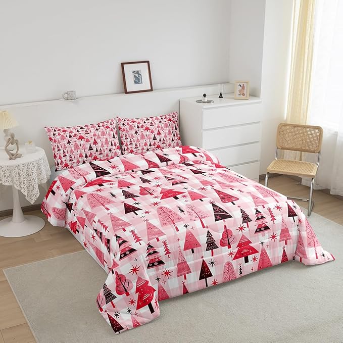Manfei Cartoon Tree Comforter Set King Size, Christmas Theme Bedding Set 3pcs for Kids Girls Adults Bedroom Decor, New Year Pink Plaid Down Comforter Soft Polyester Quilt Set with 2 Pillowcases