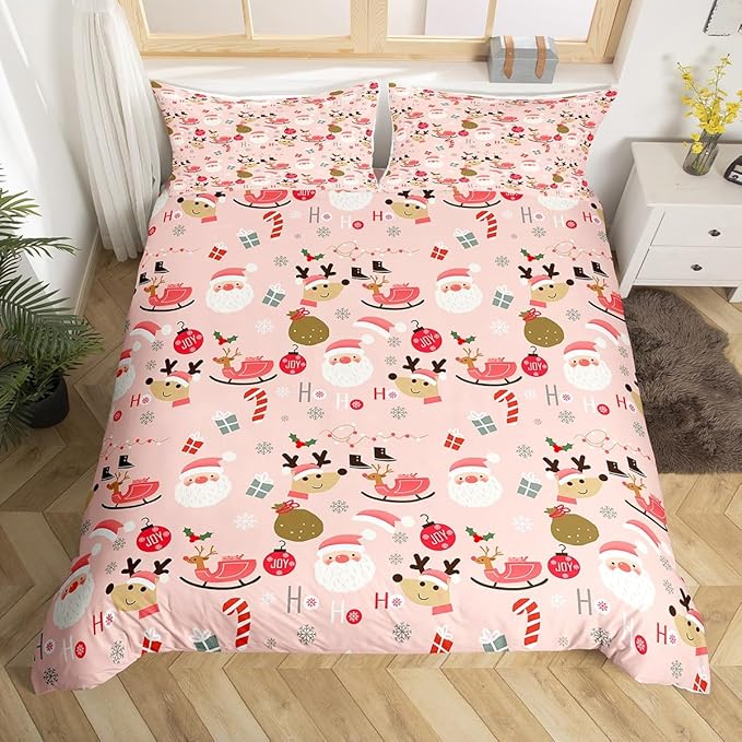 Manfei Christmas Duvet Cover Set Queen Size, Santa Claus and Reindeer Bedding Set 3pcs for Kids Girls Adult, New Year Theme Comforter Cover Soft Polyester Quilt Cover with 2 Pillowcases,No Comforter