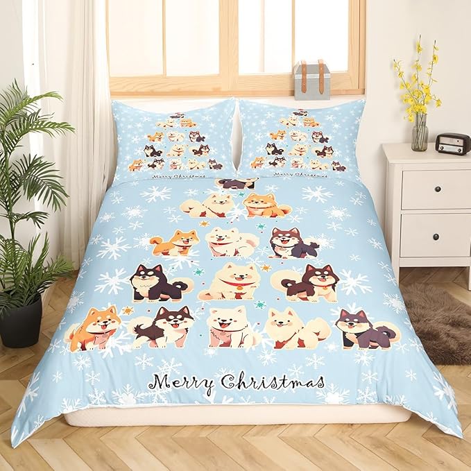 Manfei Xmas Tree Duvet Cover Set King Size, Cute Christmas Dogs Print Comforter Cover with 2 Pillowcases, New Year White Snowflake Print Bedding Set 3pcs for Kids Boys Girls Bedroom Decor,No Comforter