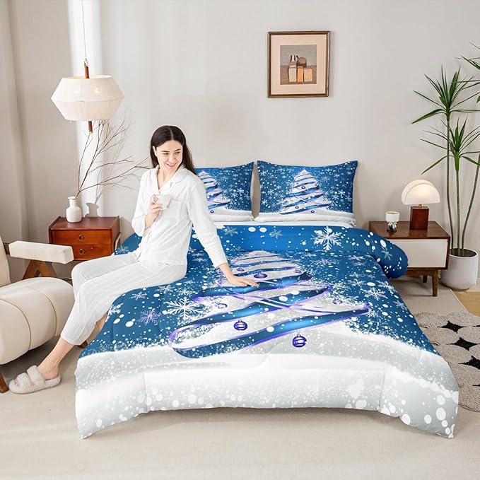Feelyou Merry Christmas Kids Comforter Set Queen Size Christmas Tree Bedding Set Snowflake Duvet Quilt for Kids Boys Girls Bedroom Winter Decor Microfiber Ultra Soft Breathable