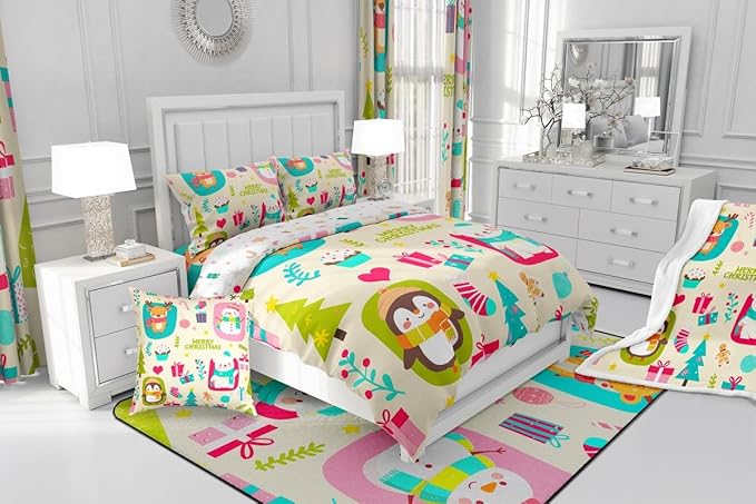 Erosebridal Merry Xmas Comforter Set Queen Size Christmas Tree Quilt for Kids Boys Girls Cartoon Penguin Bear Bedding Set Cute Deer Elk Duvet Insert with 2 Pillow Cases