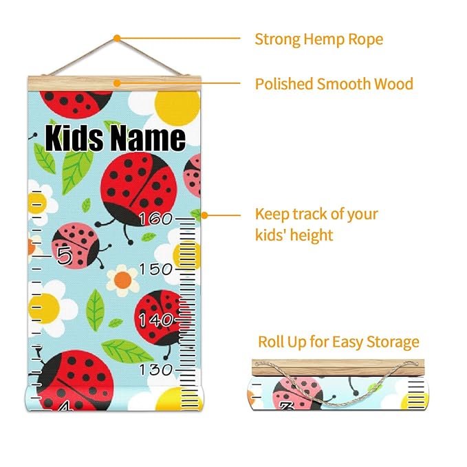 Personalized Kids Name Growth Chart Ruler for Wall Wood Frame Height Measure Chart 13.4x56 in Linen Hanging Height Growth Chart Ladybugs and Flowers Kids Room Decor