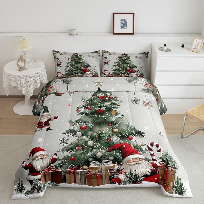 Merry Christmas Comforter Set Queen Size,Christmas Tree Snowflake Bedding Set for Kids Boys Girls Room Decor,Santa Claus X'mas Theme Duvet Insert 3Pcs,Star Polka Dot Glitter Quilt Set,2 Pillowcases