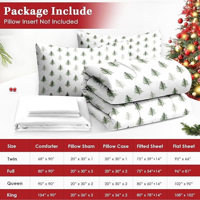 7 Pcs King Size Christmas Comforter Set with 2 Pillowcases & 2 Shams, Nature Simple Pine Tree Bedding for Kids and Adults, Winter Merry Xmas Bed in a Bag with Flat Fitted Sheet