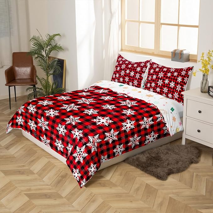 Christmas Kids Bedding Set Snowflake Xmas Theme Bedding Duvet Cover Set for Boys Girls Red Black Buffalo Check Decor Comforter Cover Set New Year Bedspread Cover Bedroom Quilt Cover 3Pcs King Size