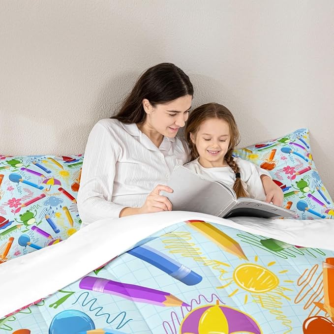 Feelyou Kids Cartoon Pencil Comforter Set King Size, Colorful Nursery Bedding Set Cute Crayon Comforter for Kids Boys Girls Funny Art Printed Duvet Set Durable Bed Set 3Pcs