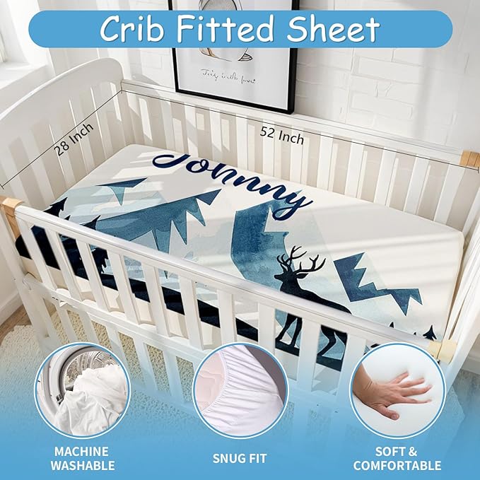 Personalized Baby Crib Bedding Set, 5 Pcs Custom Name Nursery Bedding Set for Boys Girls, Blue Deer Crib Set, Toddlers Crib Bedding, Double Layer, Ideal Gift for Newborn Infant New Parents