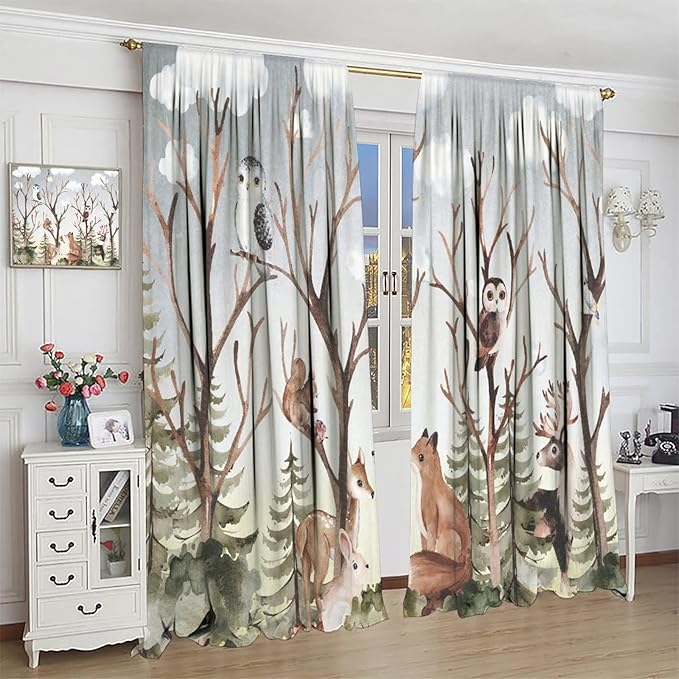 Forest Curtains, Cartoon Woodland Animals Tree Birds Moose Rabbit Mushroom Print Pattern Kids Bedroom Window Treatments Curtains 63x72in