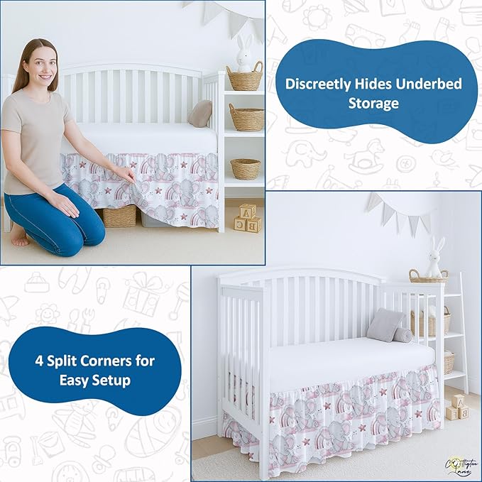 Cottington Lane Crib Skirt Dust Ruffle, 100% Natural Cotton, Soft, Durable Nursery Crib Toddler Bedding Skirt for Baby Girls or Boys, Fits Standard Cribs 28" x 52" with 14" Drop, Cute Elephant