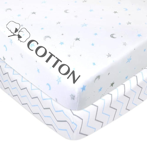 American Baby Company 2 Pack 100% Natural Cotton Fitted Mini Crib Sheets 38" x 24" - Soft & Breathable Small Nesting Portable Sheets, Fits Pack N Play Mattresses, Blue Star/Zigzag, for Boys & Girls