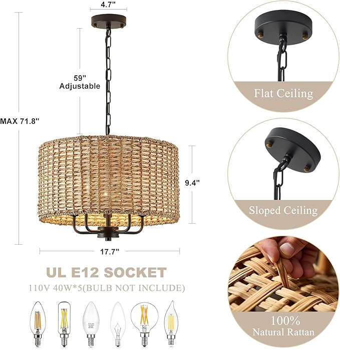5 Lights Chandeliers 18" Rattan Light Fixture with Drum Woven Shade, Boho Chandelier for Kitchen Island,Entryway,Over Table,Hallway(Ceiling Hanging Mounted Wicker Light Fixture)