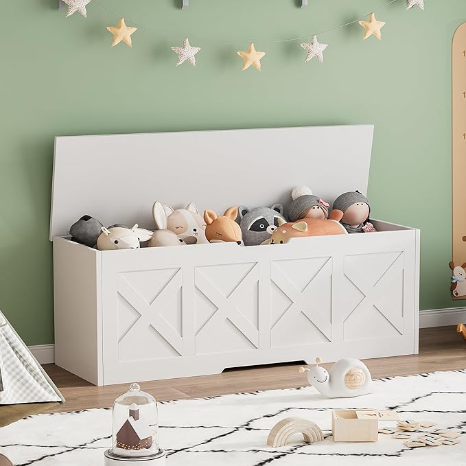 47.2" Extra-Large Wooden Storage Chest – Farmhouse Toy Box, Entryway Bench, Bedroom Storage, Safety Hinge, Easy Assembly, White