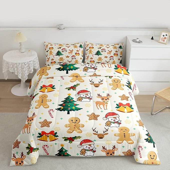 Feelyou Merry Christmas Kids Comforter Set Twin Size Gingerbread Man Bedding Set Cute Deer Duvet Quilt for Kids Boys Girls Bedroom Christmas Tree Decor Microfiber Ultra Soft Breathable