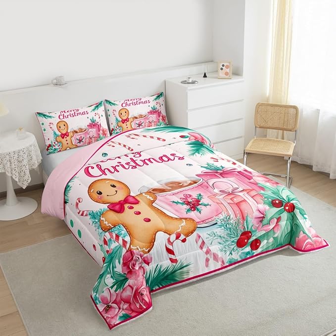 Feelyou Gingerbread Man Kids Comforter Set Toddler Size Merry Christmas Bedding Set Christmas Decor Duvet Quilt for Kids Boys Girls Bedroom Xmas Decor Microfiber Ultra Soft Breathable