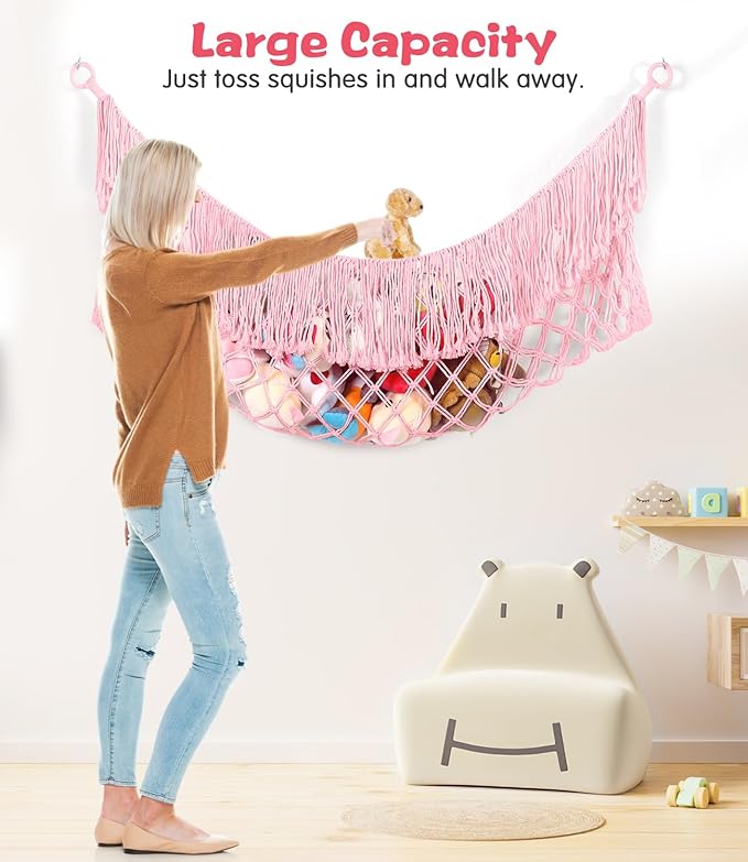 Stuffed Animal Hammock - Extra Large 63'' Long, Stuffed Animal Storage, stuffed animal Holder net, Toy Hammock Large, Toy Storage Hanging Organizer - Light pink