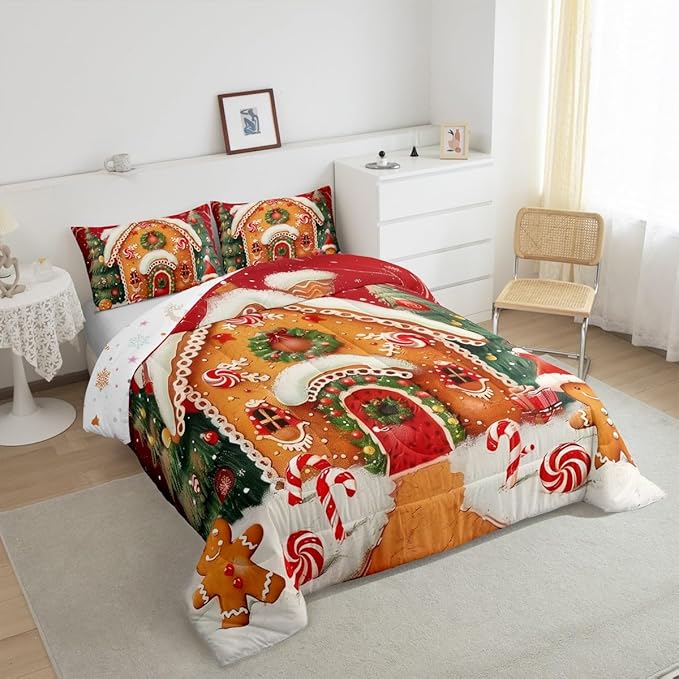 jejeloiu Kids Christmas Theme Comforter Set Full Size Xmas Tree Gingerbread Man Bedding Set for Boys Girls Teens Candy Cane House Winter Happy New Year Duvet Quilt Room Decor