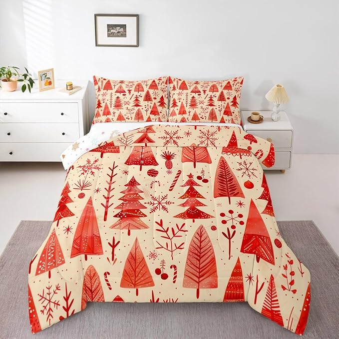Feelyou Christmas Bedding Set Soft for Boys Girls, Xmas Tree Comforter Set Full Size Snowflake Candy Duvet Quilt Microfiber Pine Tree Bedroom Decor 3 Pcs with 2 Pillow Cases