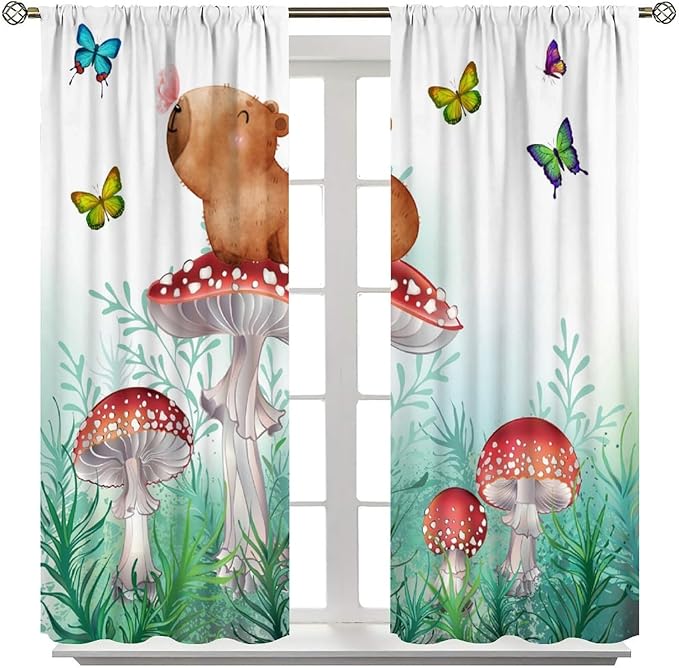 Cartoon Animals Curtains, Cute Butterfly Capybara Window Treatments, Rod Pocket Thermal Insulated Drapes 2 Panel Sets for Kids Bedroom Nursery Classroom, 42" W X 45" L【Decor】